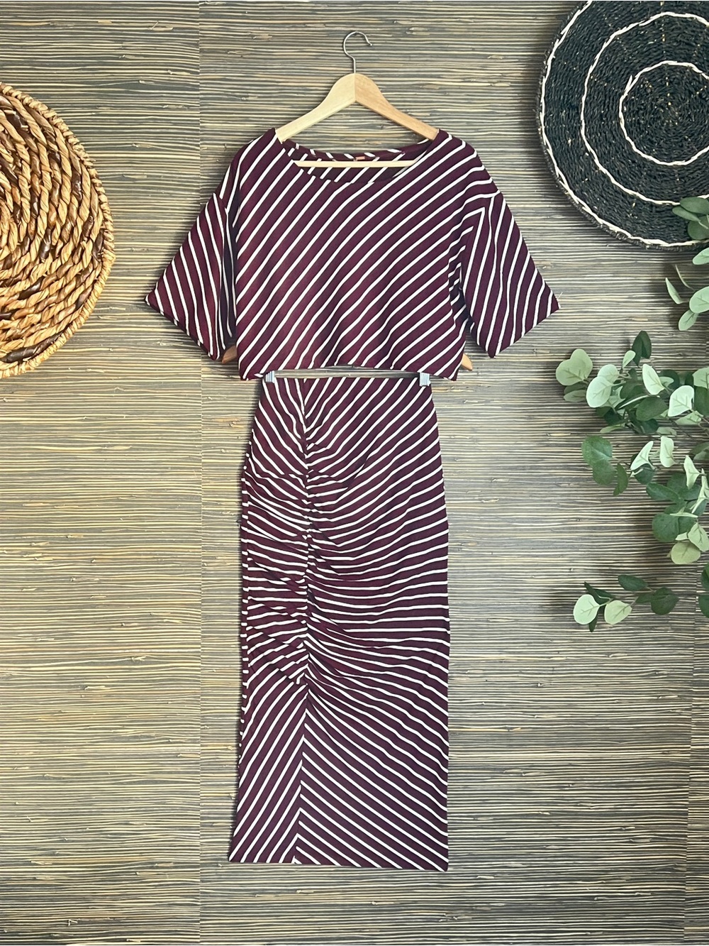 Free People Striped Crop Tee & Maxi Ruched Skirt 2pc Set Burgundy|White Boho